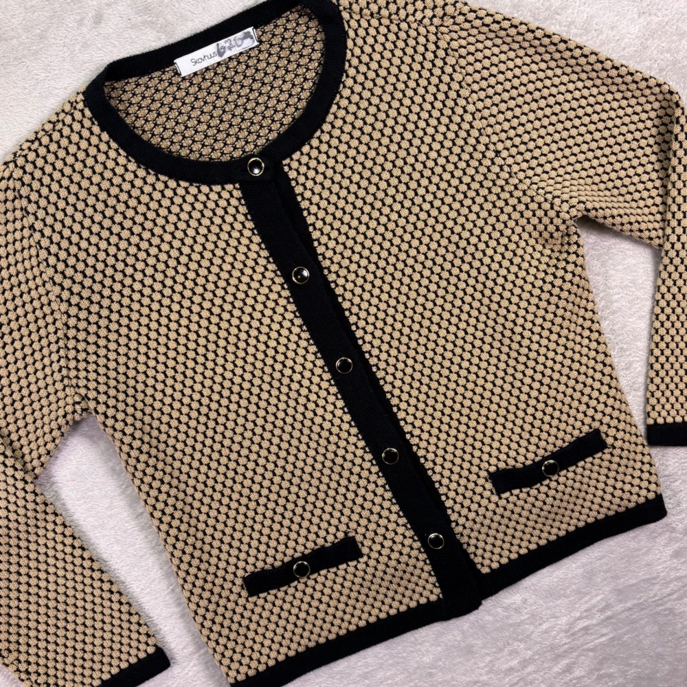 Skovhuus Women Cardigan Sz L Tan Black Textured Knit Gold Button Made in Denmark